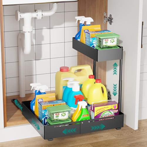 HG PLVTII Verstellbarer Unterspülen-Organizer – 2-Etagen Ausziehregal für Spülschrank, Breite & Höhe Erweiterbar, Kugellager-Auszug für Küche, Bad, Waschküche, Speisekammer (1 Stück, Schwarz)