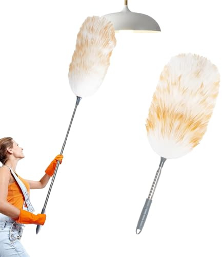 Plumeau télescopique en laine d'agneau, lavable, 130 cm, en laine d'agneau, absorbe la poussière électrostatique pour plafonds, hautes surfaces, ventilateurs de plafond et installations sensibles