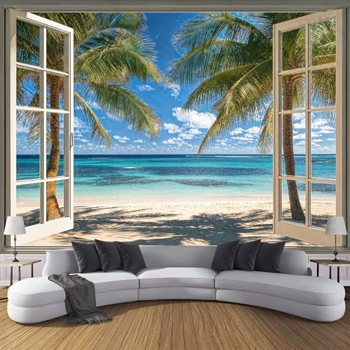 Carta Da Parati Effetto 3D Fuori Dalla Finestra La Spiaggia 200×140cm Fotomurali Non Tessuto, Natura Onde Palme Decorazione Poster Arte Murale Moderna per Casa Ufficio Camera Da Letto Soggiorno Blu