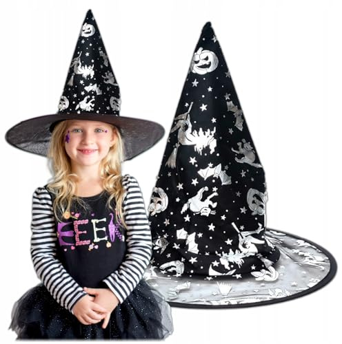 KRUMAD Halloween Hexenhut Damen Kinder, Schwarzer Hexenhut mit Kürbis, Fledermäuse, Sterne und fliegende Hexen, Spitzer Zaubererhut für Hexenkostüm, Karneval, Fasching, Party Deko Kostüm Zubehör