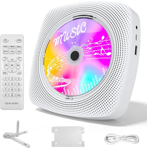 WOLFANG bärbar CD-spelare WDV04 för hem och utomhus, Bluetooth med högtalare, inbyggt 4000 mAh-batteri, FM-radio, USB-uppspelning, fjärrkontroll, väggmontering och bordsstativ