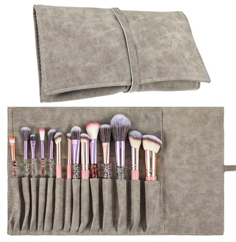 Xinjoduz 1 PCS Makeup Brush Holder Organizer, PU Leather Travel Makeup Brush Case Roll Up Pouch Cosmetic Bags for Women Cosmetic Brushes Make Up Artist - Brushes Not Included (Gray)
