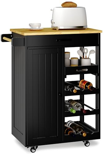 Xbro Küchenwagen mit Rollen, Servierwagen mit Arbeitsplatte, Schublade, abnehmbarem Tablett, Weinregal, Handtuchhalter und Haken, Beistellwagen für Küche, Esszimmer und Bar, 40x64x91 cm