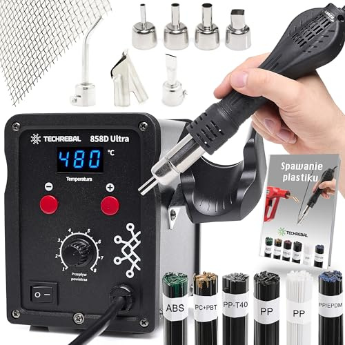 TECHREBAL 858D Ultra Saldatore Plastica Aria Calda 750W, Kit Riparazione Paraurti Auto con Ugello Rapido BUT, Rete di Rinforzo, 300g Barrette PP ABS EPDM, Termostato LED, Stazione Rework SMD, 220V
