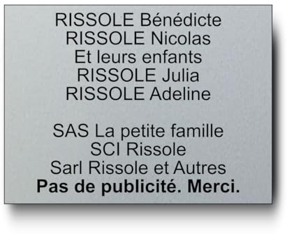 Plaque Boite Aux Lettres Personnalisable - 12x10cm - 10 Lignes - Étiquette Avec Nom Adhésive - Grand Format - Gravée et Personnalisée pour Porte - Maison - Famille - Bureau - Stop Pub (Argent)
