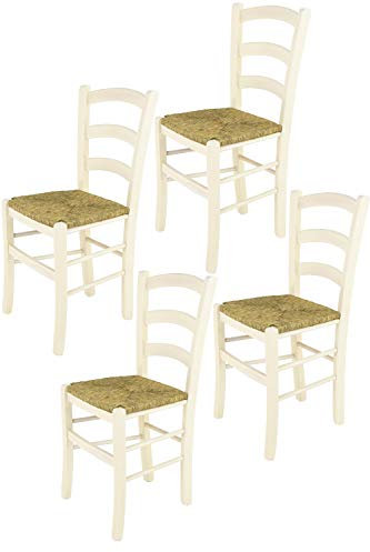 t m c s Tommychairs - Stuhl Venice für Küche und Esszimmer, robuste Struktur aus lackiertem Buchenholz in Anilinfarbe Weiss und Sitzfläche aus Stroh