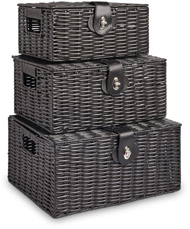 Vencier Set of 3 Resin Woven Storage Basket Box with Lid & Lock, Black, Large, Medium, Small (Black)