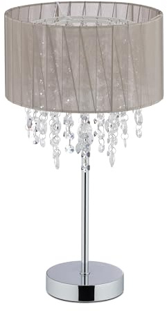 Relaxdays Tischlampe Kristall, Lampenschirm aus Organza, runder Standfuß, Nachttischlampe, HxD: 43 x 24 cm, grau/silber