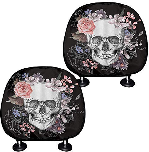 Woisttop Kopfstützenbezug, Vintage-Stil, Totenkopf-Motiv, Rosen, staubdicht, elastisch, 2 Stück