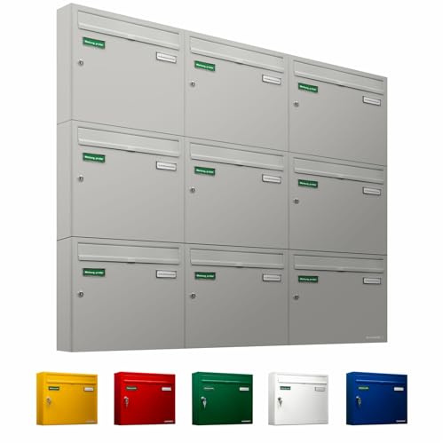 AL Briefkastensysteme Basic 9er Briefkasten RAL 9006 Weiß Aluminium Silber Edelstahl-farbig 9 Fach DIN A4 wetterfest Briefkastenanlage mit Posthaltebügel und 2 Namensschildern