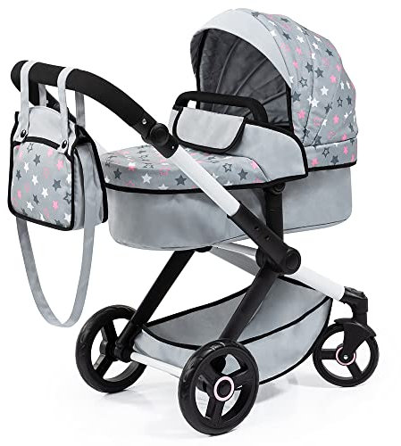 Bayer Design 17007AA Puppenwagen Xeo mit Tasche, höhenverstellbarer Griff, Schwenkschieber, wandelbar als Puppenjogger, bewegliche Vorderräder, integrierter Korb, Grau, Weiß, Rosa