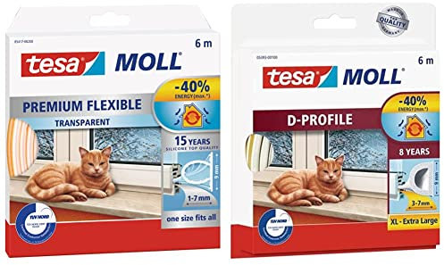 tesamoll Premium Flexible - Selbstklebende Silikondichtung zum Isolieren von Spalten an Fenstern und Türen - Transparent - 6 m x 9 mm x 7 mm & moll D-Profil Gummi Fenster und Türdichtung weiss 6m