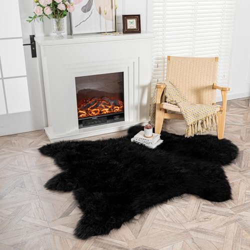 AbunHeri Black Bear Rug Faux Cowhide Rug Animal Print Area Rug Faux Sheepskin Fur Carpet Decor for Living Room 5.1x6.1 Feet