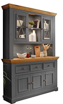 Woodroom Oslo Buffet Vitrine Vitrinenschrank Standvitrine Wohnzimmerschrank, Holz, Grau, Hoch und Schmal