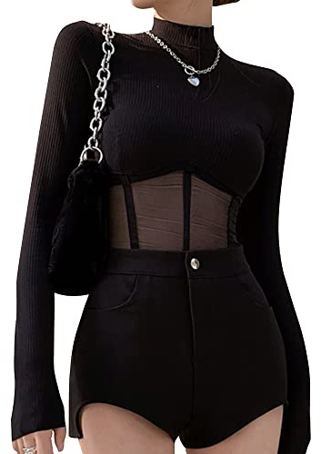 QKEPCY Donna Maglietta a Maniche Lunghe Crop Top Basic Top Trasparente Camicia Mesh Tops Sexy Manica Lunga Maglietta Trasparente Blusa Tops Slim Fit T Shirt in Tulle (M)