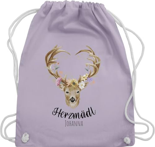 Turnbeutel Rucksack - Kompatibel Oktoberfest - Herzmädl Hirsch Geweih Hirschgeweih Madl - Unisize - Pastell Lila - oktoberfest-tasche trachten name turnsack trachtenrucksack bayrisch herz