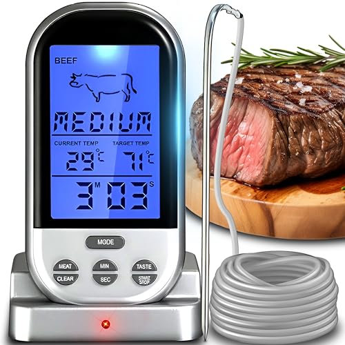 Retoo Termómetro digital para barbacoa, termómetro inalámbrico, termómetro para carne, termómetro de horno para barbacoa, hornear, asar, barbacoa, rango de temperatura hasta 250 °C