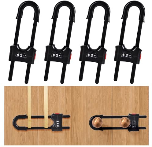 4 Pack U-Shaped Sliding Cabinet Locks Multifunctional Child Safety Lock Adjustable Baby Proof Clips for Home Cabinets Refrigerator Doors Cabinet Knobs and Window Handles (Black)