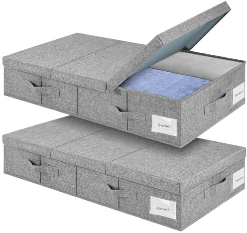 Eurhomewit Unterbett Aufbewahrungsbox, Faltbar Unterbett Aufbewahrung, 2 Stück Unterbettkommode mit 3 Griffen, Bettkasten Aufbewahrung für Kleidung/Decke/Spielzeug, Unterbettbox mit Deckel-Grau