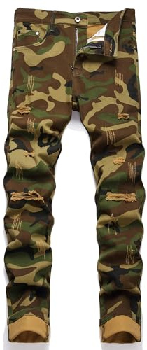 OIIIO Men's Patch Ripped Stretch Regular Fit Jean (40, 6645 Camouflage)