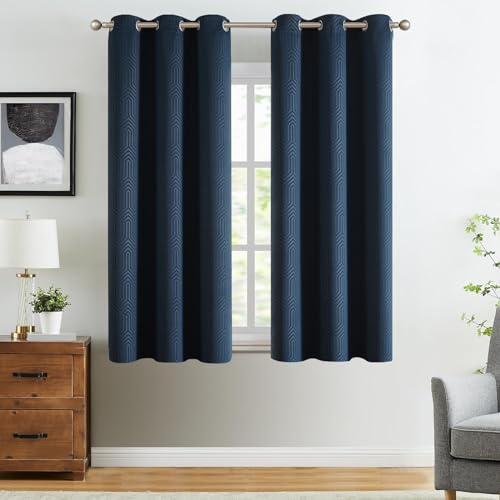 TOPICK Thermovorhang mit ösen 2er Set Verdunkelungsvorhänge H175xB140 Blau | Geometrisch Gemustert Vorhänge Blickdicht für Schlafzimmer Wohnzimmer Blackout Gardinen Fenstervorhänge