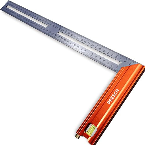 Presch Try Square 400 mm | Large | Includes rust-free marking gauge (40cm), level bubble & marking pin | 90° & 45° | Carpenters square, Precision Square, Joiners Square, Engineers Square
