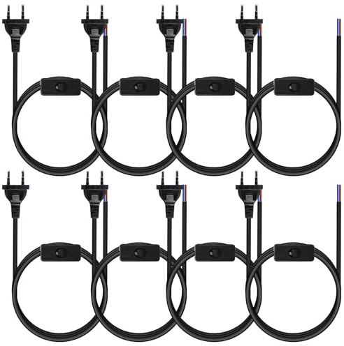 8 x kablar med strömbrytare och uttag, 1,8 m strömkabel med strömbrytare, 2 kablar, 0,75 mm², EU-kontakt för lysande lampor (svart)