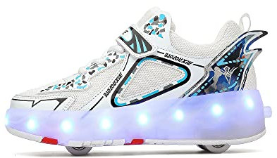 Jungen Mädchen Rollschuhe Schuhe Mit 4 Rollen Skateboardschuhe, Verstellbar Jugend Schuhe mit Rollen und LED Licht, Multifunktionale Sportschuhe Outdoorschuhe für Kinder Erwachsene…-Weiß||30