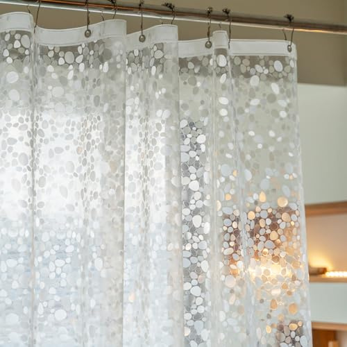 Tonnali 180x200 Shower Curtain Anti-Mold with 3 Strong Magnets & 6 Free Magnetic Clips Kit for Leak Guard, Eva Heavy Duty Plastic transparent Shower Curtain for Bathtub,3D Pebble