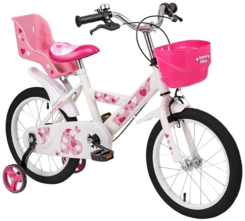 Baroni Toys Fahrrad für Mädchen, rosa mit Herzchen Sile Design mit Gepäckträger und Rädern inklusive, Stahlfahrrad mit Korb für Mädchen, rosa, Herzchen, Größe 12'', 14'' und 16“ (16 Zoll)