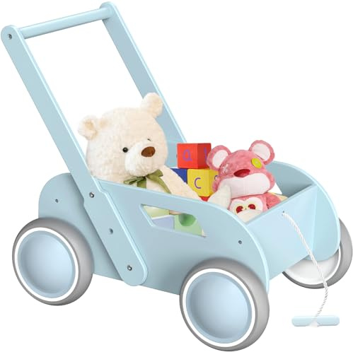 Gåvagn trä, baby gåstol för pojkar och flickor, småbarn push & dra gå-leksaker, barnvagn av trä, baby walker med hjul, present till födelsedag jul, blå