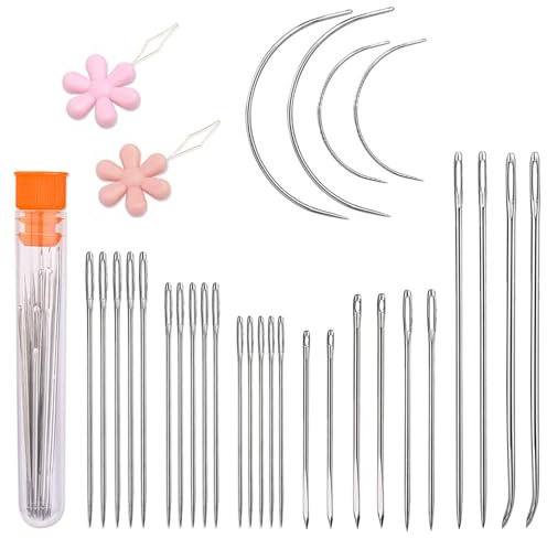zoerbufan 29 Piezas Agujas de Coser a Mano, Agujas de Ojo Grande, Agujas de Cuero, Agujas Curvas, Múltiples Estilos para Reparación de Cuero