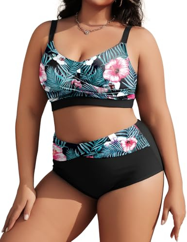 Tuopuda Women Plus Size Bikini Sets High Waisted Ruched Two Piece Swimwear | Padded Bikini Top, High Rise Bikini Bottom, Tummy Control Ruched Bathing, Adjustable Strap, Removable Cups, Moderate Coverage