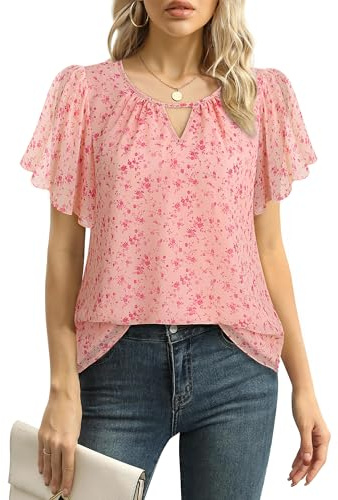 Gaharu Tunika Damen Sommer Elegant:Bluse Kurzarm Modische Schicke Chiffon Arbeit Damenshirt - Rundhals Locker Blumenmuster Oberteil mit Rüschen - Business Casual Tops Blumen Rosa M