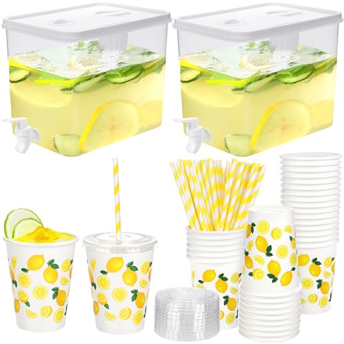 Kochorie Paquete de 2 dispensadores de bebidas de plástico de 2.3 galones con espiga, 50 vasos de papel desechables de 12 onzas con tapa y popote, suministros para bebidas, té, jugo, frutas, fiestas