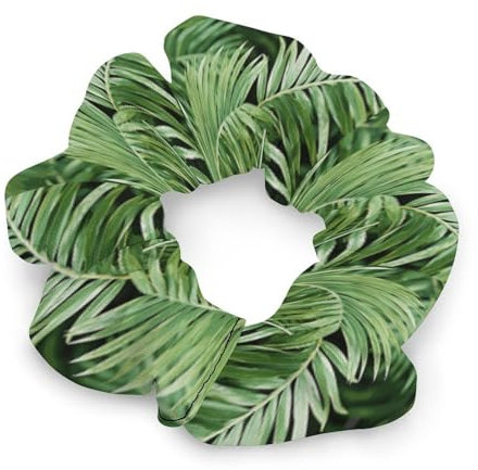 Palm Tree Leaves Hair Scrunchies for Women No Damage, Soft Elastic Hair Ties with Fashionable Printed Patterns, Satin Scrunchy Hairbands for Ponytail, Bun, Workout & Sleep