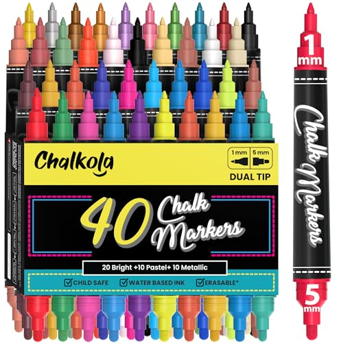 Chalkola 40 Kreidestifte für Tafel abwaschbar mit Doppelspitze 1mm und 5mm | Kreidemarker bunt | Fensterstifte abwaschbar, Glasmalstifte Spiegelstifte Tafelstifte | Kreidemarker abwischbar
