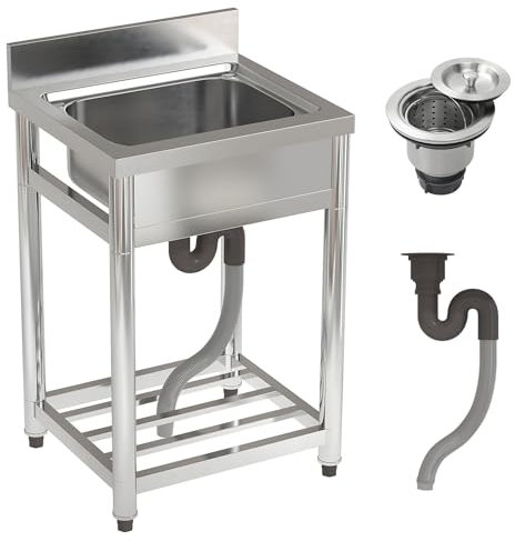 Warmiehomy 55x50x80cm Commercial Restaurant Sink with Backsplash & Drain, Stainless Steel Restaurant Kitchen Sink with Storage Shelve, No Tap
