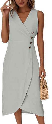 Générique Robe Longue Femme Ete Chic Et Elegant Été De Soiree Cocktail Robes Portefeuille Asymétrique Imprimé sans Manches Sexy Dress Pas Cher pour De Bal Mariage Noces De Fête Gris M