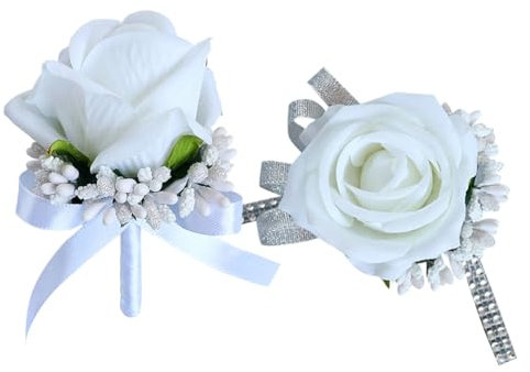 JIHUOO Ansteckblume und Ansteckblume für das Handgelenk, 2 Stück, Weiß, Brautschmuck, Rose, Ansteckblume für Bräutigam, Blume, Ansteckblume für Hochzeit, Trauzeugen, Boutonniere und Ansteckblume