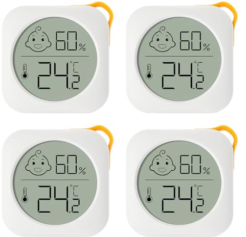 Flintronic 4PCS Mini Higrómetro Digital Termómetro, con Cordón, Blanco | con Logo de Confort, -20℃ ~ 60℃, Alta precisión, Compacto y duradero, para Oficina Habitación de Bebé Jardín