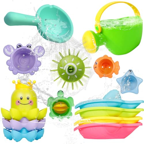 SaiXuan Juguetes Baño Bebé 14 Piezas – Set Juguetes Bañera Bebé con Regadera, Rueda de Agua, Barquitos y Vasos Apilables – Juguetes Bañera para Niños, Ducha Bebé y Piscina