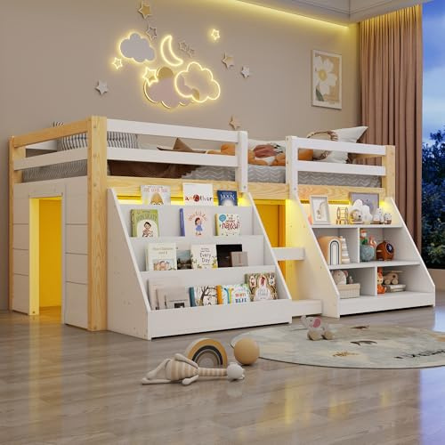 Merax Kinderbett Halbhochbett 90x200 mit LED Beleuchtung, Einzelbett mit Bücherregal und Treppe, Stauraumbett Jugendbett mit Rausfallschutz & Lattenrost, Ohne Matratze, Weiß+Natur