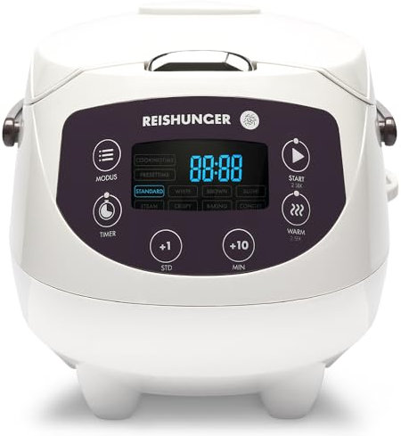 REISHUNGER Digitaler Reiskocher klein, weiß | 0,6 L bis 3 Personen | Warmhaltefunktion, Timer & Premium Topf | Kleiner Multikocher & Dampfgarer, 8 Programme, 7-Phasen-Technologie