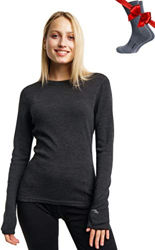 100% Merino Wool Base Layer Women - Long Sleeve Thermal Shirt with Socks (Large, Charcoal Grey 250)