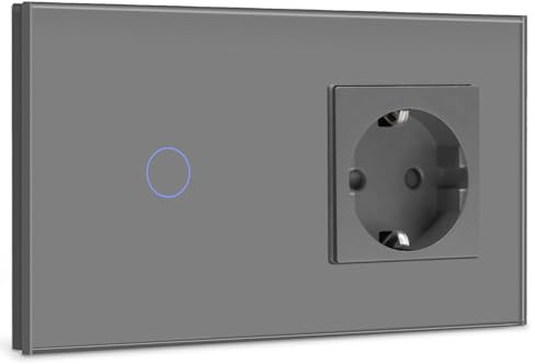 BSEED Touch Lichtschalter mit Steckdose 1 Fach 1 Weg Wandschalter mit LED Anzeige Unterputz Touchscreen-schalter mit Glasrahmen 157mm Grau 500W(Nicht Smart Schalter)