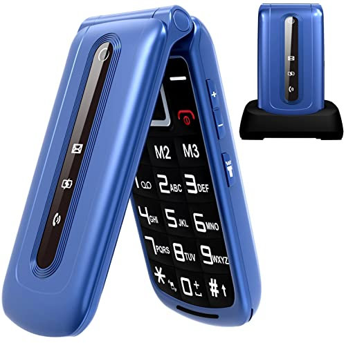CHAKEYAKE Senior Flip Phones Unlocked Sim Free Mobile Phone for Elderly, Easy to Use Senior phone with Large Button, SOS Button, Charging Cradle (Blue)