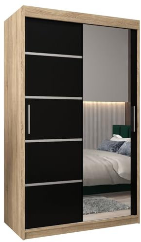 MEBLE KRYSPOL Kleiderschrank mit Spiegel Verona 2 - Garderobenschrank - Schrank Schlafzimmer - Mehrzweckschrank Zwei Schiebetüren - Regalen - Flur Möbel - Kleiderstange Schrank - Allzweckschrank