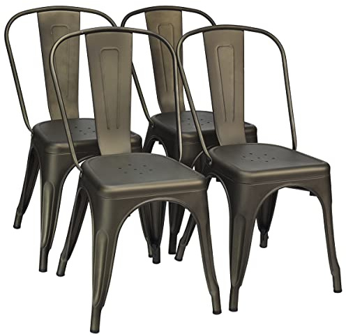 TANGZON Set of 4 Metal Dining Chairs, Stackable Industrial Kitchen Chairs with Slatted Backrest, Steel Side Chairs with Ventilated Seat and Rubber Foot Pads for Dining Room, Kitchen, Cafe, Restauran