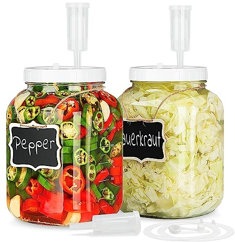 Lot de 2 grands bocaux de fermentation avec couvercle et sas, bocaux en verre à large ouverture de 3,8 l avec couvercle de fermentation et œillet, bocaux en verre hermétiques avec marque d'échelle